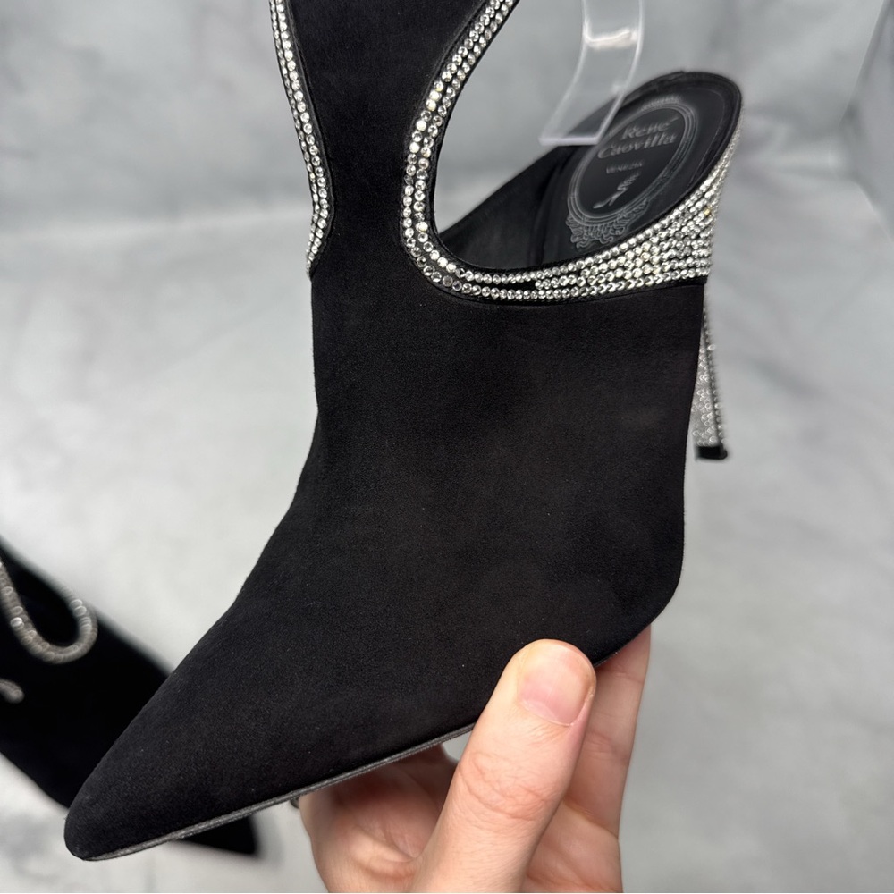 Rene Caovilla Strass Embellished Suede Pointed Toe Open Back Ankle Bootie Heels - Picture 10 of 16